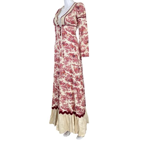 RARE Vintage 60's 70's Gunne Sax Black Label Pink Toile Prairie Maxi Dress (XS) - Picture 3 of 16
